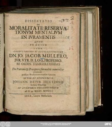 Dissertatio De Moralitate Reservationvm Mentalivm In Ivramentis