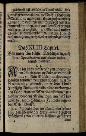Das XLIII. Capitel. Von unterschiedlichen Wohlthaten, und deren Specification aus einem unbekannten Autore.