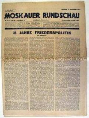 Deutschsprachige Wochenzeitung aus der UdSSR "Moskauer Rundschau" u.a. zur Friedenspolitik der Sowjetunion und zum industriellen Aufbau