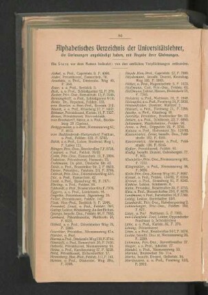 Alphabetisches Verzeichnis der Universitätslehrer, die Vorlesungen angekündigt haben, mit Angabe ihrer Wohnungen.