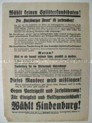 Flugblatt mit Aufruf zur Wahl von Hindenburg bei der Reichspräsidntenwahl 1932