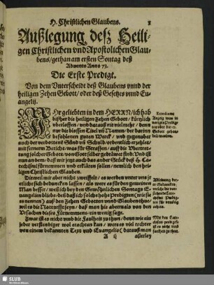 Außlegung deß Heiligen Christlichen und Apostolischen Glaubens, gethan am ersten Sontag deß Advents Anno 73