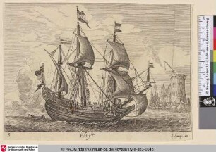 Fluijt [Dreimaster, Steuerbord; Three-masted fluyt in starboard profile]