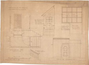 Pfann, Paul; Nürnberg - Grossreuth hinter der Veste; Wohnhaus Fritz Pfann - Vorhalle (Grundriss, Ansicht, Schnitt), Längsschnitt; Gewölbe u. Flachdecke vom Vorplatz (Ansicht); Freitreppe (Ansicht)