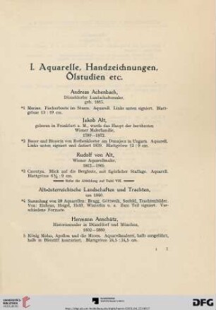 I. Aquarelle, Handzeichnungen, Ölstudien etc. (Nr. 1-179)