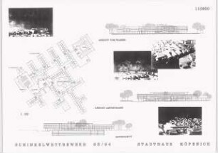 Stadthaus (Technisches Rathaus), Berlin-Köpenick Schinkelwettbewerb 1994: Grundriss 1. OG, Ansichten, Modellfotos