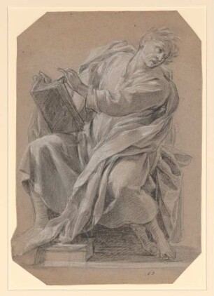 Vouet, Simon: Zeichnungen II, Blatt 63: Sitzender Dichter mit Lorbeerkranz und Buch, nach rechts blickend - BSB Cod.icon. 397 b(63