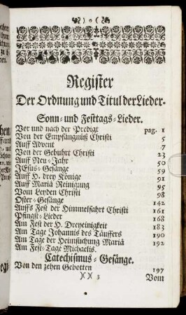 Register Der Ordnung und Titul der Lieder.