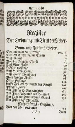 Register Der Ordnung und Titul der Lieder.