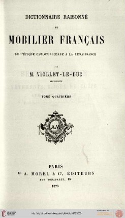 Band 4: Dictionnaire raisonné du mobilier français de l'époque carlovingienne a la renaissance