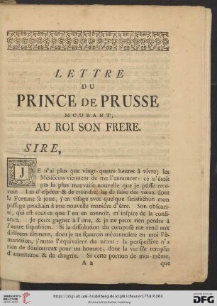 Lettre du Prince de Prusse mourant, au roi son frere