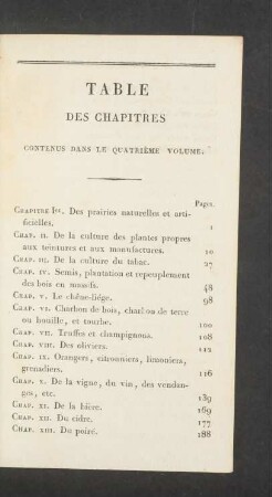Table des chapitres contenus dans le quatrième volume.