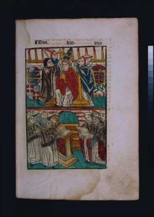 Weihe von Papst Martin V. und Empfang der Papstkrone am 21. November 1417 : Concilium Constantiense. Chronik des Ulrich von Richental. Augsburg: A. Sorg, 1483; Blatt 63r: Weihe von Papst Martin V. und Empfang der Papstkrone. Holzschnitt, koloriert; Dresden: SLUB Ink.60