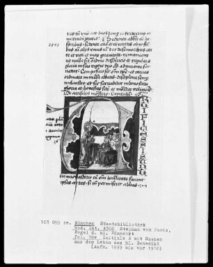 Stephan von Paris, Auslegung der Regel des heiligen Benedikt — Initiale A, darin Benedikt bekehrt die Heiden, Folio 76verso