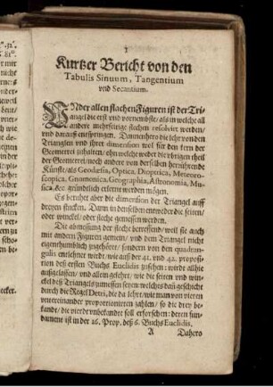 Kurzer Bericht von den Tabulis Sinuum, Tangentium und Secantium.
