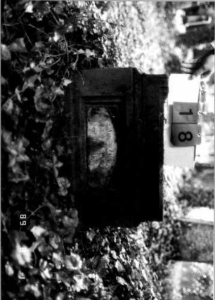 Grabstein 18 (Index: 100109230) Material: Sandstein mit weißer Marmorplatte Zustand: Stele fehlt, Sockel und Platte leicht verwittert Beschreibung: nur Sockel erhalten, Schriftplatte mit Segmentbogen: Grabstein 18