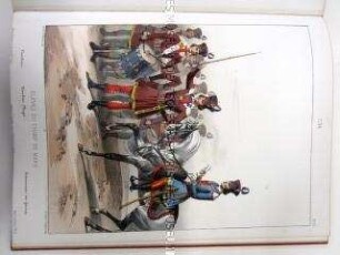 Uniformdarstellung, Tamboure, Tambour-Major und Kriegskommissar der Militärschule am Marsplatz, Erste Republik Frankreich, 1794. Tafel No. 42: Uniformes Française.