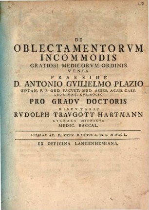 De Oblectamentorvm Incommodis : ad d. XXIV. Martii a. r. s. MDCCL.
