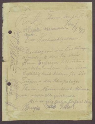 Schreiben von Soldaten aus Thorn, mehrere Unterschriften, an Constantin Fehrenbach, Drohungen gegenüber Matthias Erzberger