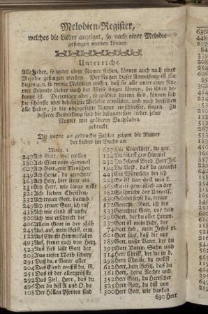 Melodien-Register, welches die Lieder anzeiget, so nach einer Melodie gesungen werden können.