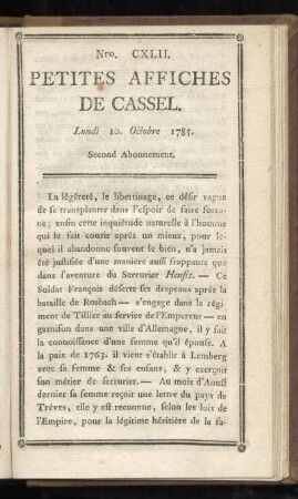 No CXLII (Lundi 10. Octobre 1785)