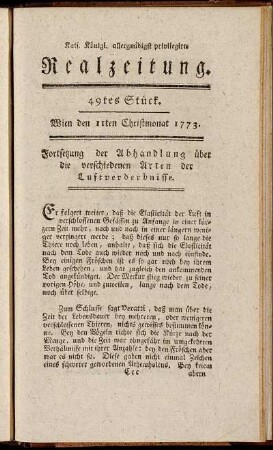 49tes Stück. Wien den 11ten Christmonat 1773.