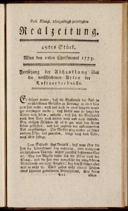 49tes Stück. Wien den 11ten Christmonat 1773.