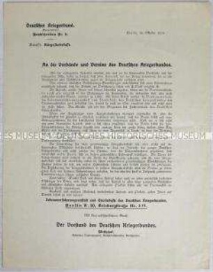 Rundschreiben des Vorstandes des Deutschen Kriegerbundes an seine Untergliederungen zur Frage der Versicherung der Kriegsteilnehmer (Kriegssterbekasse)