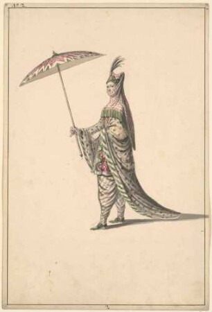 Kostümentwurf: Dame in orientalischem Kostüm mit Schirm