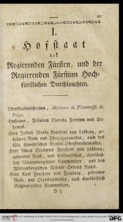 I. Hofstaat des Regierenden Fuersten, und der Regierenden Fuerstinn Hochfuerstlichen Durchlauchten