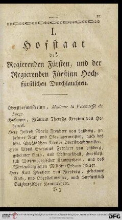 I. Hofstaat des Regierenden Fuersten, und der Regierenden Fuerstinn Hochfuerstlichen Durchlauchten