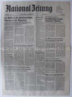 Tageszeitung der NDPD "National-Zeitung" u.a. zur Frage der Regierungsbeteiligung