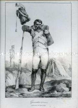 Uniformdarstellung, Grenadier der Linien-Infanterie in großer Uniform, Frankreich, 1809. Tafel Nr. 4 aus: Recueil de Costumes d'Infanterie de Ligne.
