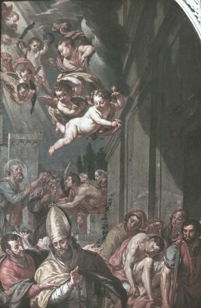 Der heilige Valentin heilt einen Kranken (hinten die Enthauptung des heiligen Maximilian)