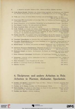 Skulpturen und andere Arbeiten in Holz. Arbeiten in Marmor, Alabaster, Speckstein (Nr. 776-797)