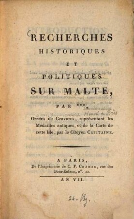 Recherches historiques et politiques sur Malte : ornées de gravures