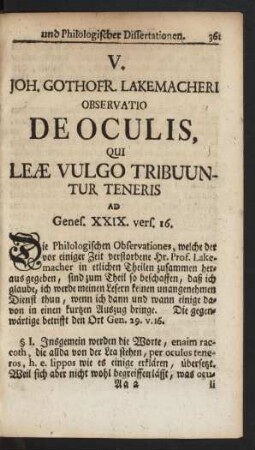 V. Joh. Gothofr. Lakemacheri Observatio De Oculis, Qui Leae Vulgo Tribuuntur Teneris ...