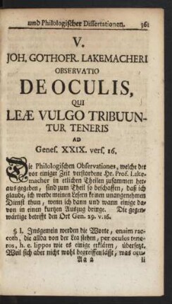 V. Joh. Gothofr. Lakemacheri Observatio De Oculis, Qui Leae Vulgo Tribuuntur Teneris ...