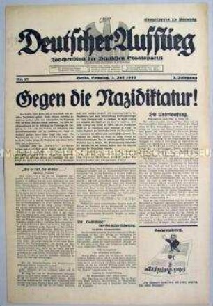 Wochenblatt der Deutschen Staatspartei "Deutscher Aufstieg" gegen die drohende "Nazidiktatur"