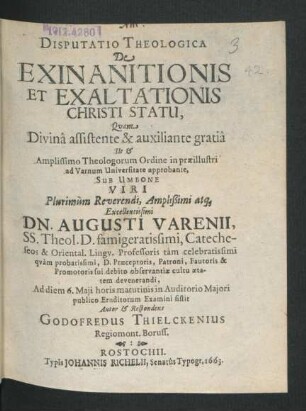 Disputatio Theologica De Exinanitionis Et Exaltationis Christi Statu
