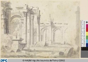 Ruine eines römischen Palastes mit Brunnen vorn links