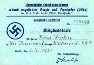 Mitgliedskarte der Deutschen Arbeitsfront, Verband angestellter Ärzte und Apotheker für Franz Krohn