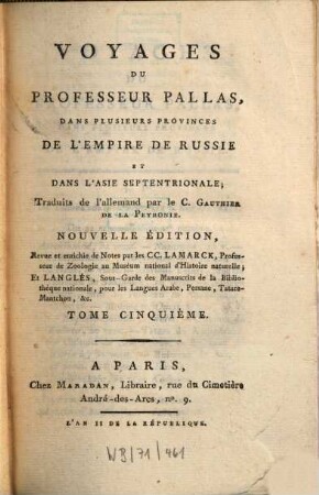 Voyages du Professeur Pallas, dans plusieurs provinces de l'Empire de Russie et dans l'Asie septentrionale, 5