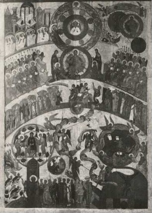 Ikone "Schreckliches Gericht" (1. H. 15. Jh.; Nowgoroder Schule; 162 x 45 cm; Staatliche Tretjakow-Galerie Moskau)