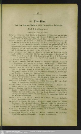 1. Uebersicht des im Schuljahre 1874/75 ertheilten Unterrichts