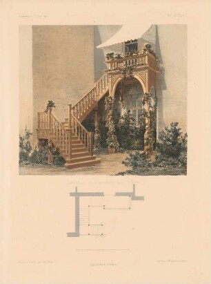 Jacquessches Haus, Berlin: Grundriss, Perspektivische Ansicht Gartentreppe (aus: Architektonisches Skizzenbuch, H. 15, 1854)