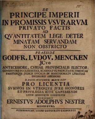 De Principe Imperii In Promissis Vsvrarvm Privato Factis Ad Qvantitatem Lege Determinatam Servandam Non Obstricto