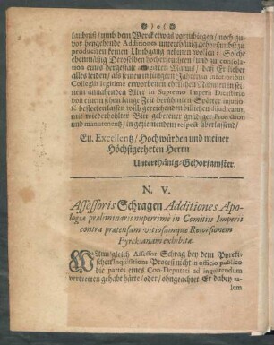 N. V. Assessoris Schragen Additiones Apologiae praeliminaris nuperrimè in Comitiis Imperii contra praetensam vitiosamque Retorsionem Pyrckianam exhibitae