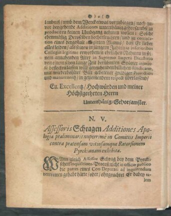 N. V. Assessoris Schragen Additiones Apologiae praeliminaris nuperrimè in Comitiis Imperii contra praetensam vitiosamque Retorsionem Pyrckianam exhibitae