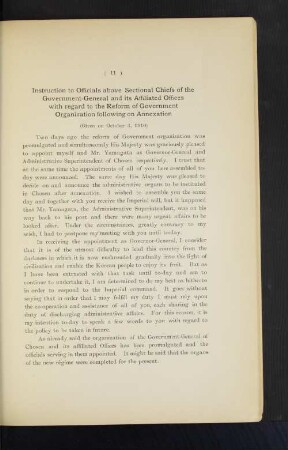 Instruction to Officials above Sectional Chiefs of the Government-General and its Affiliated Offices with regard to the Reform of Government Organization following on Annexation